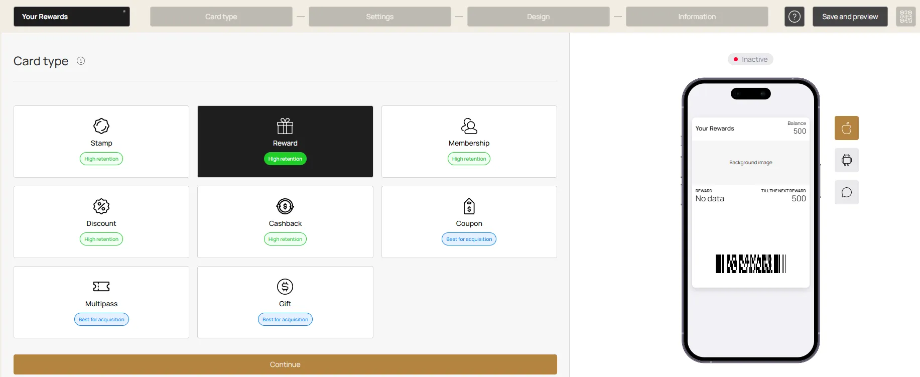 Card creator tool showing card type selection and a live phone preview