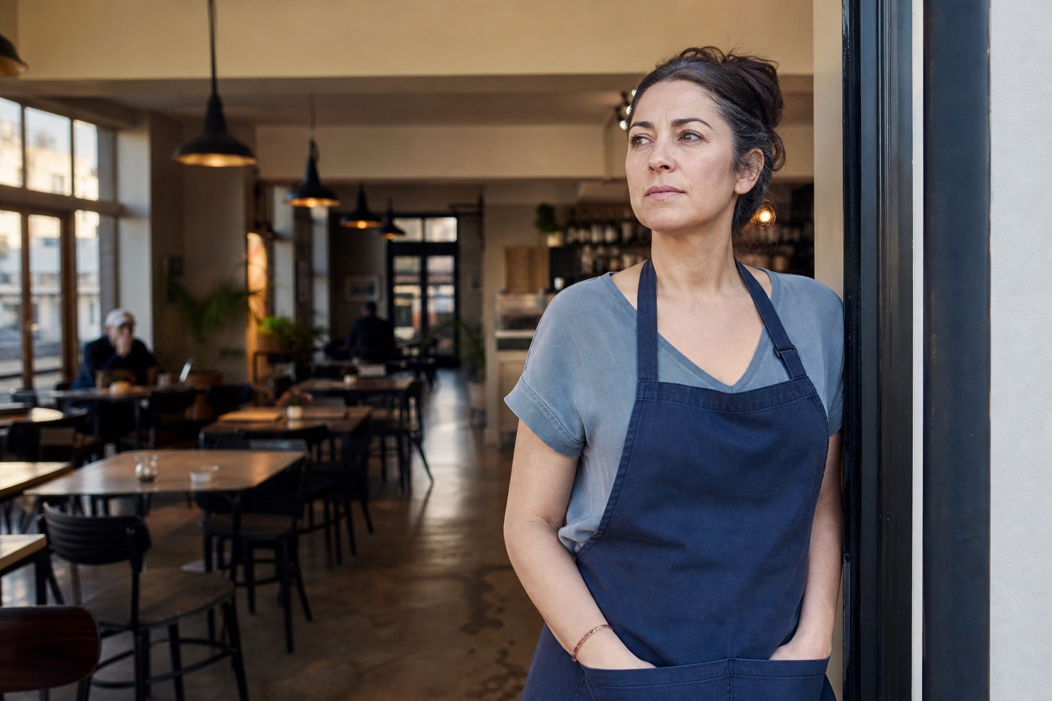 A cafe owner standing in the doorway of her mostly empty cafe, looking out with a concerned expression