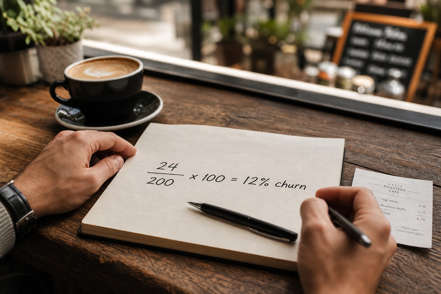 A handwritten churn rate calculation on a notepad showing 24 divided by 200 times 100 equals 12 percent churn