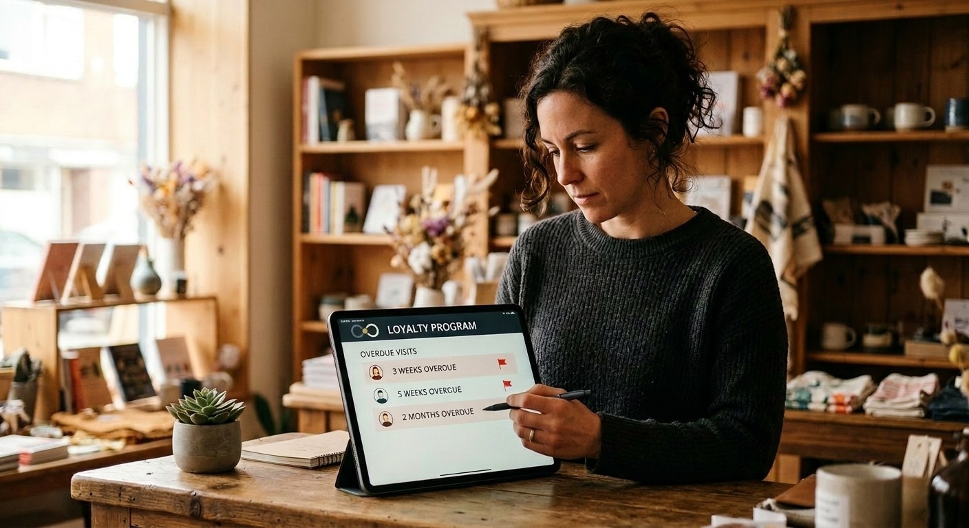 An LTV Loyalty dashboard on a tablet flagging customers who have fallen outside their usual visit pattern