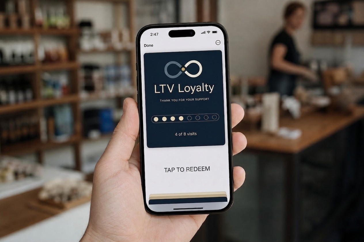 A digital LTV Loyalty card in a customer's phone wallet showing 4 of 8 visits toward a reward