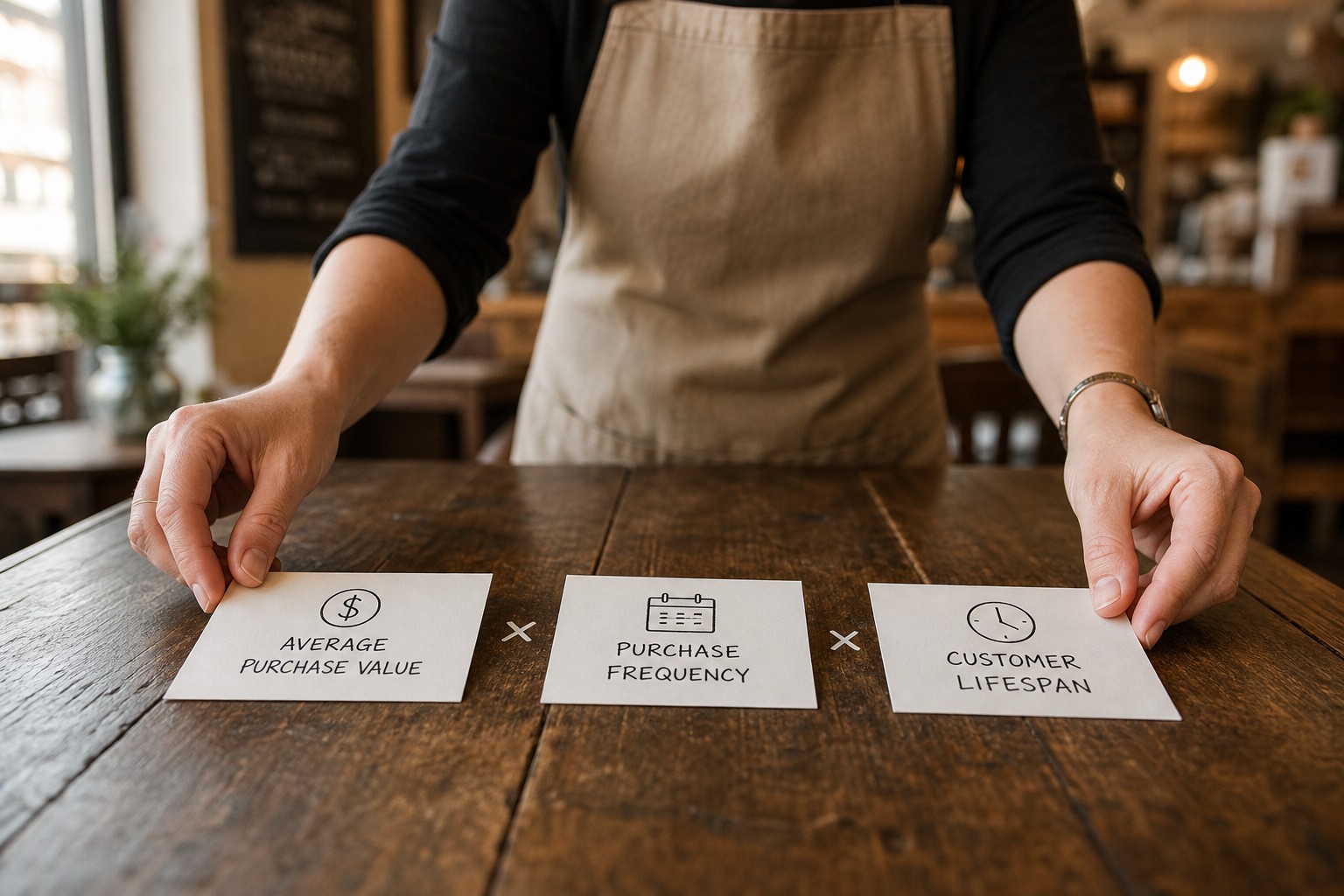 Three handwritten index cards on a cafe counter labelled average purchase value, purchase frequency and customer lifespan, representing the LTV formula