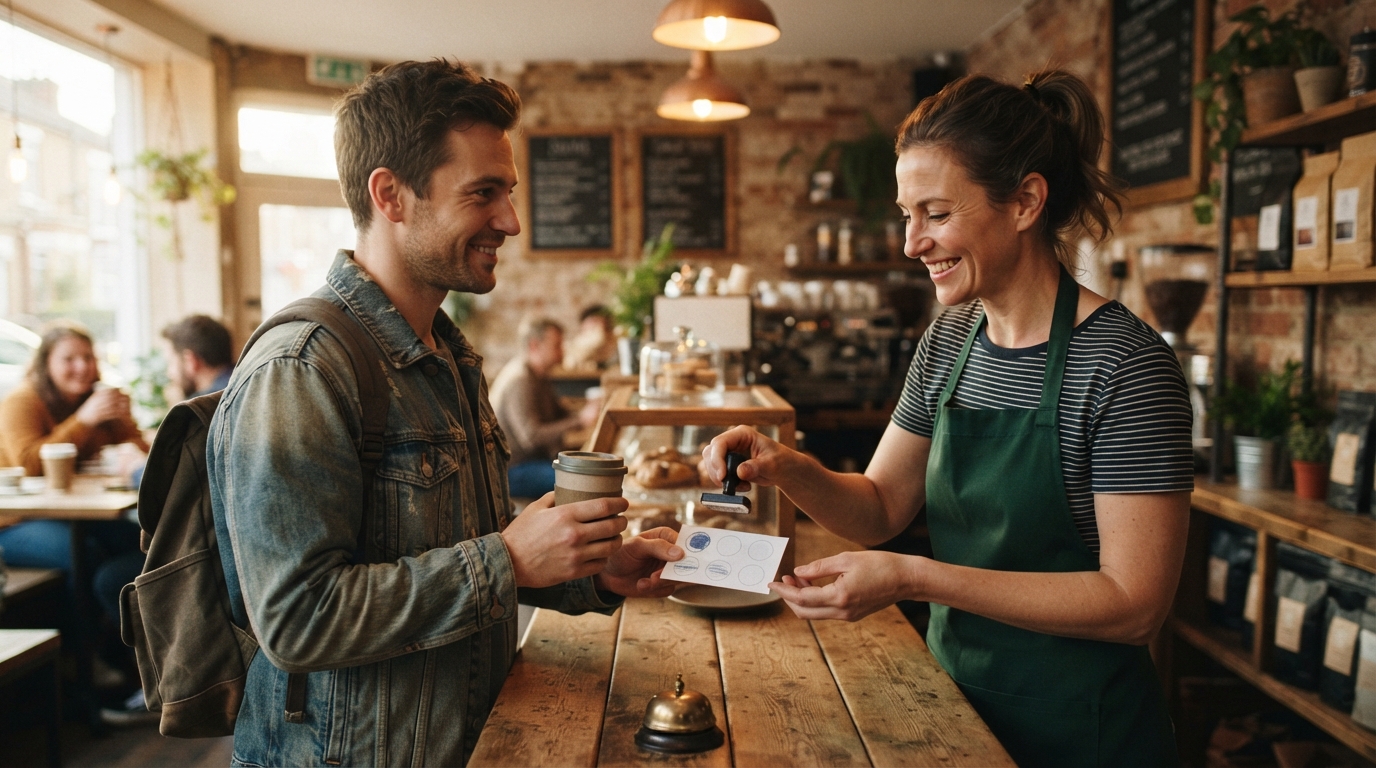 A small business owner greeting a returning regular customer