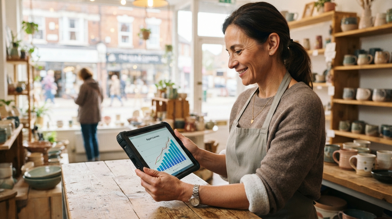 A small business owner reviewing a rising customer retention chart on a tablet
