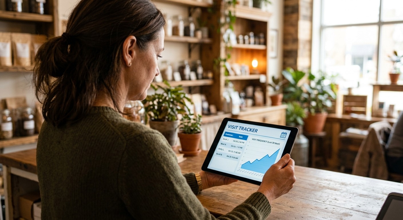 A small business owner reviewing a customer visit-tracking dashboard on a tablet