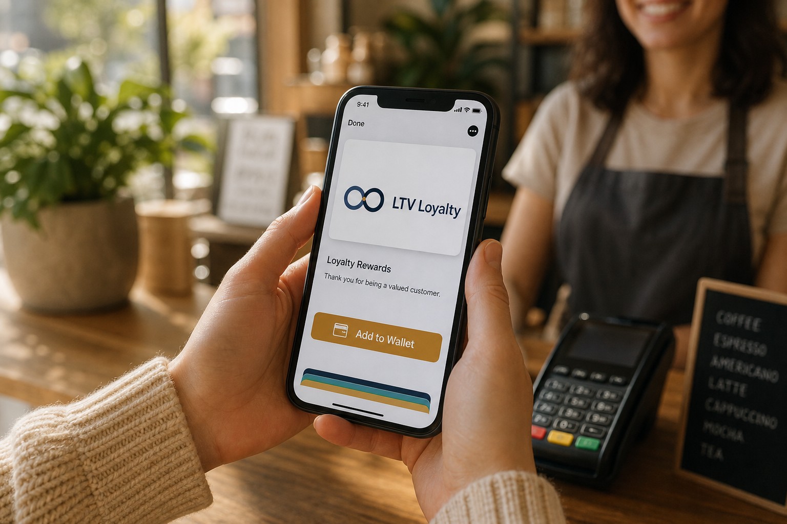 A customer adding the LTV Loyalty digital loyalty card to their phone's mobile wallet at a cafe counter