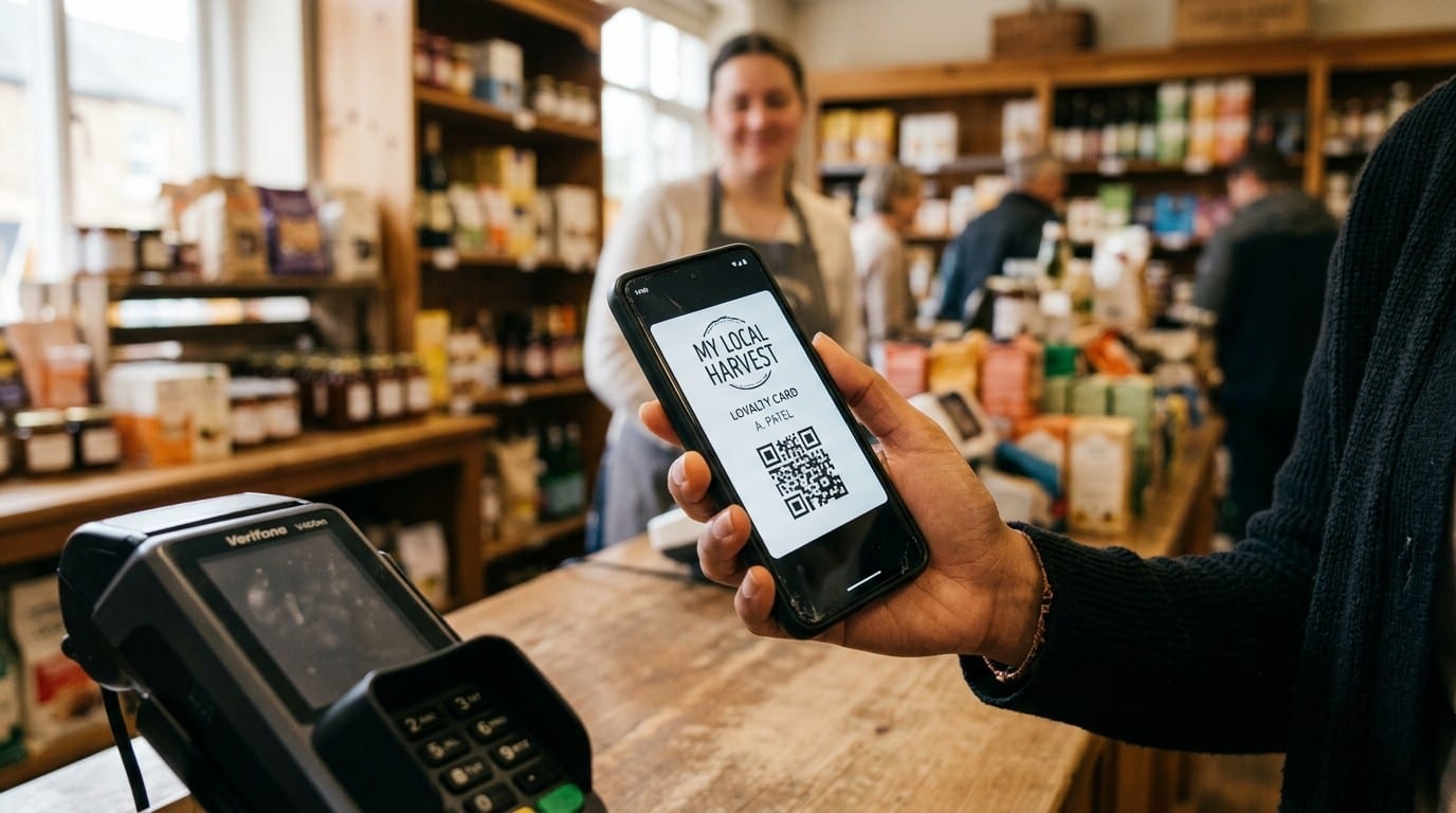 A customer holding a phone showing a digital loyalty card barcode at a small grocery store checkout