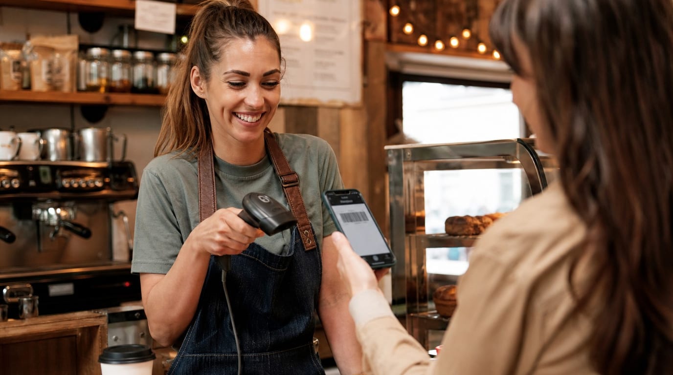 A cafe barista scanning a customer's phone loyalty card with a handheld barcode scanner at the counter