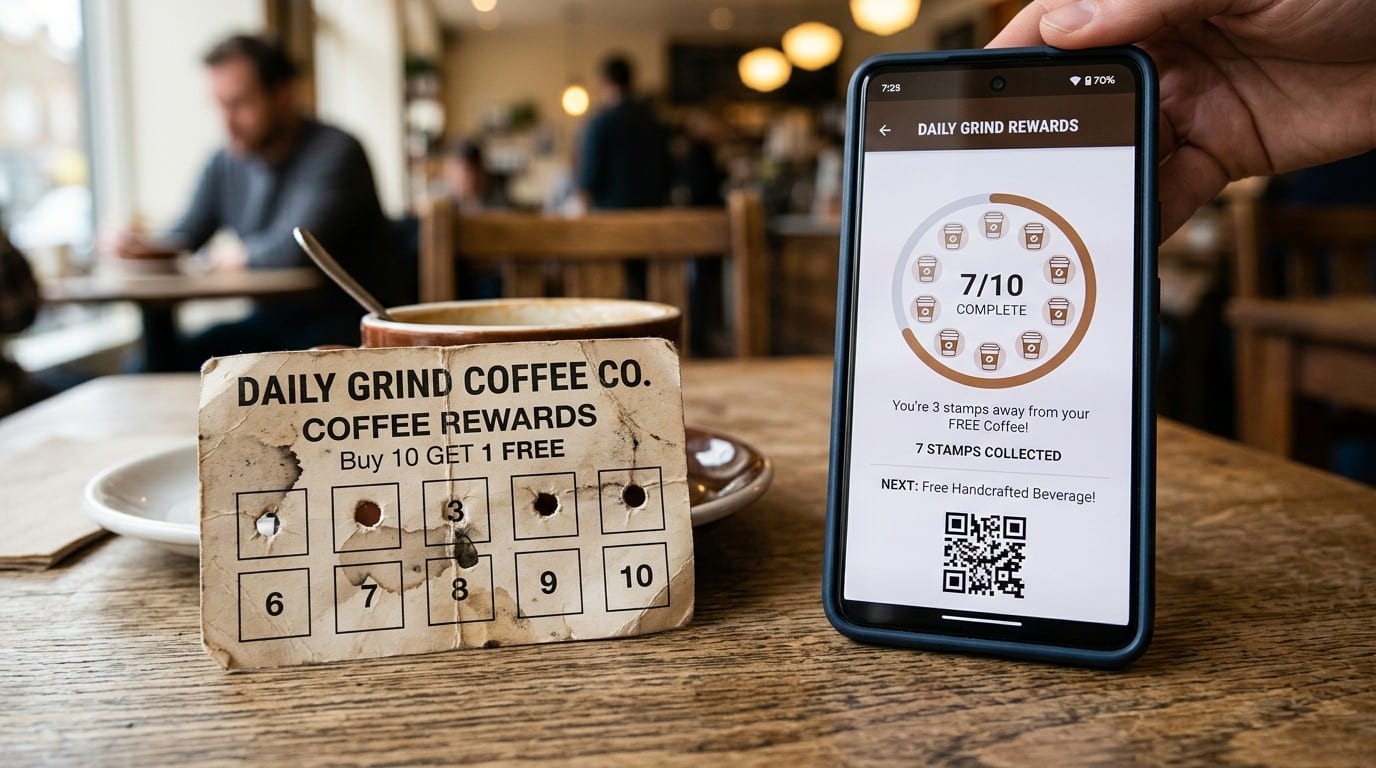 A worn paper punch card with 7 of 10 stamps next to a phone showing the same progress on a digital loyalty card app