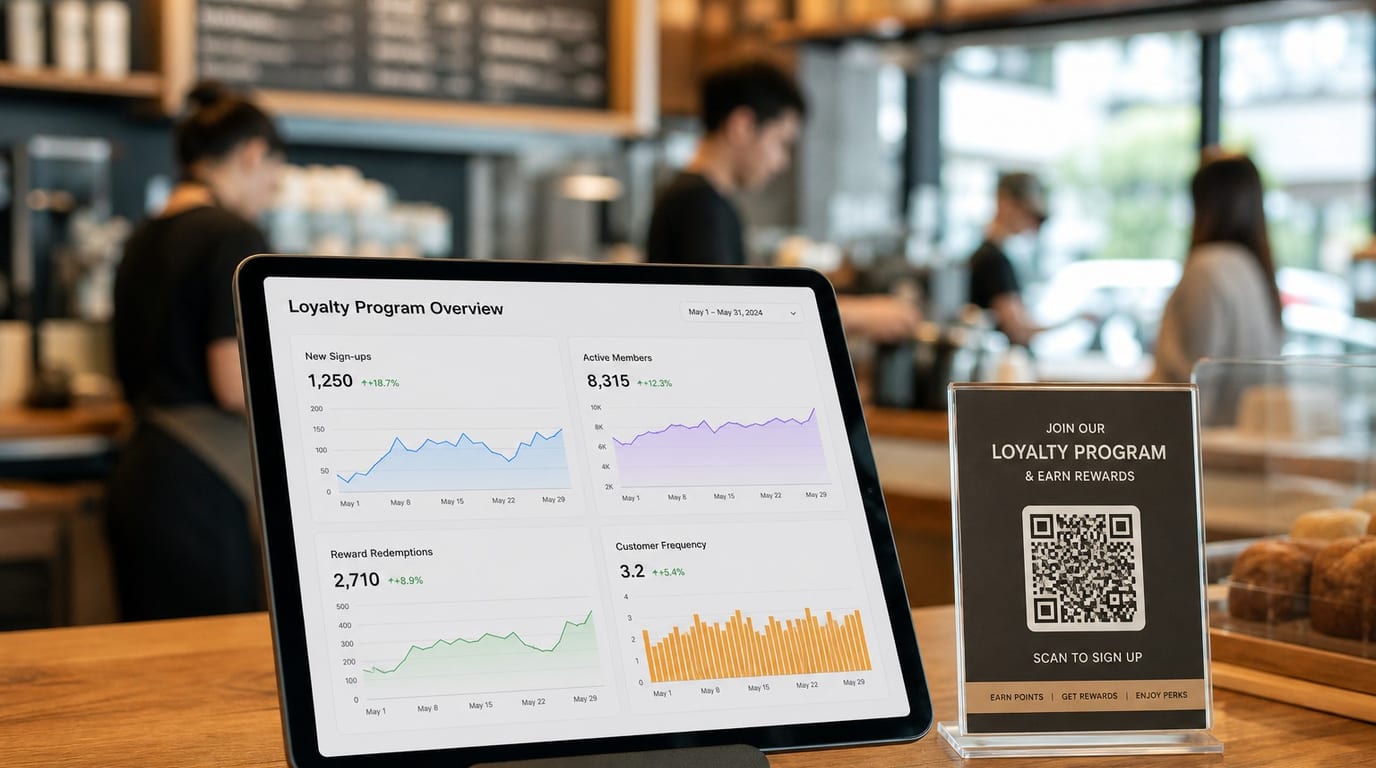 A tablet showing a loyalty program analytics dashboard - new sign-ups, active members, reward redemptions, and customer frequency - next to a countertop QR sign-up card in a cafe