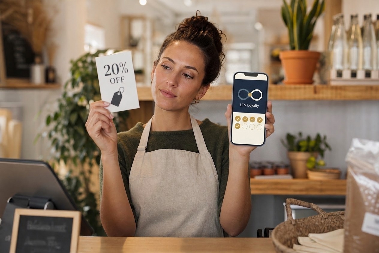 A small business owner weighing a discount sign against a digital LTV Loyalty card on her phone