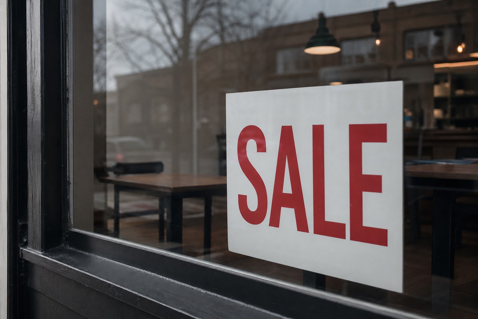 A "SALE" sign in a shop window with an empty, quiet store visible behind it