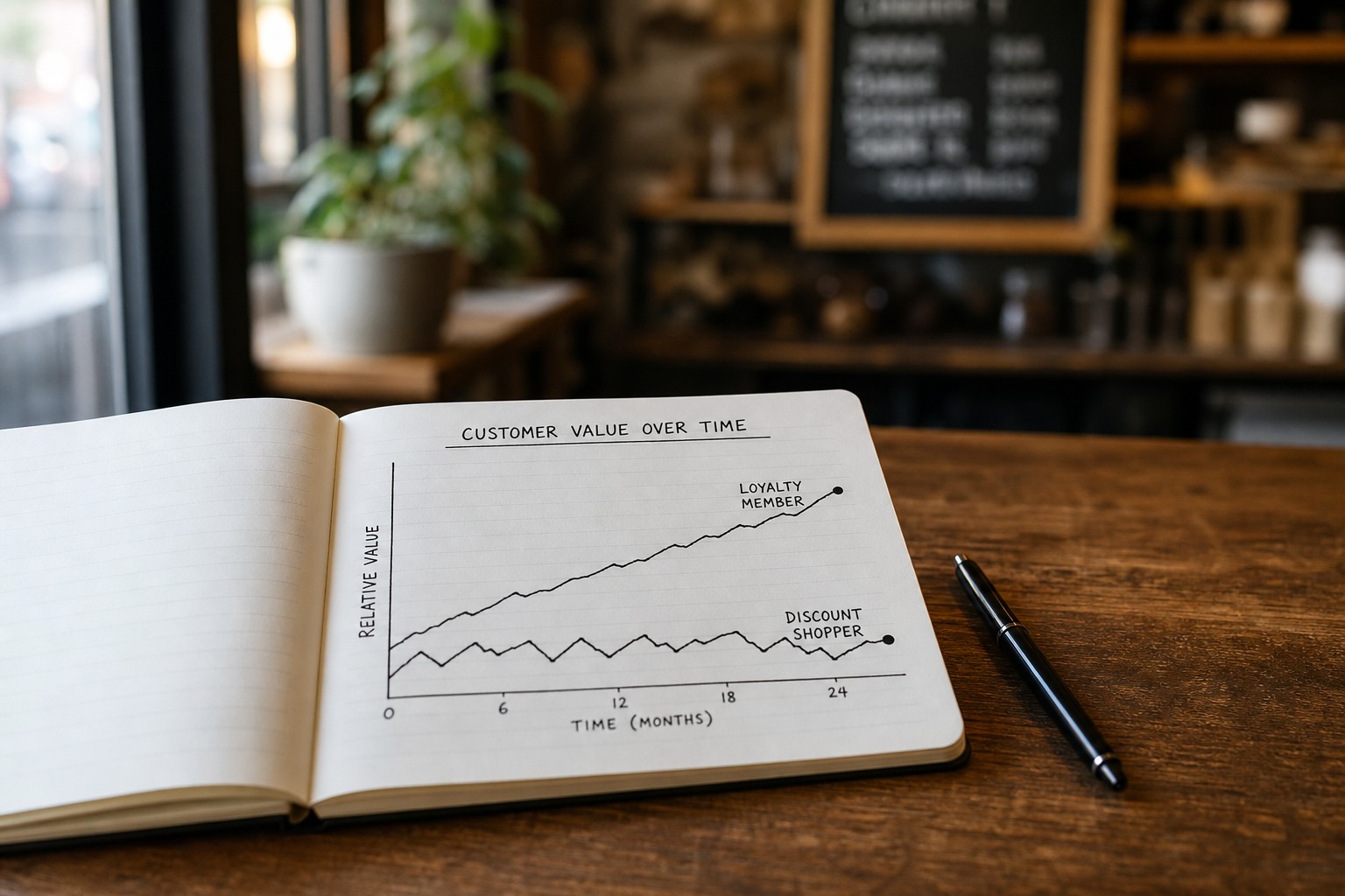 A hand-drawn chart comparing customer value over time: a steadily rising line for loyalty members versus a flat, zigzagging line for discount shoppers