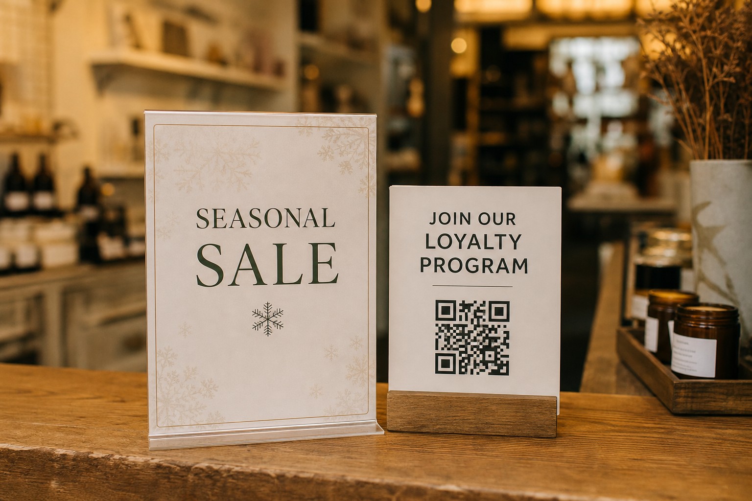 A seasonal sale sign next to a loyalty program sign-up sign with a QR code