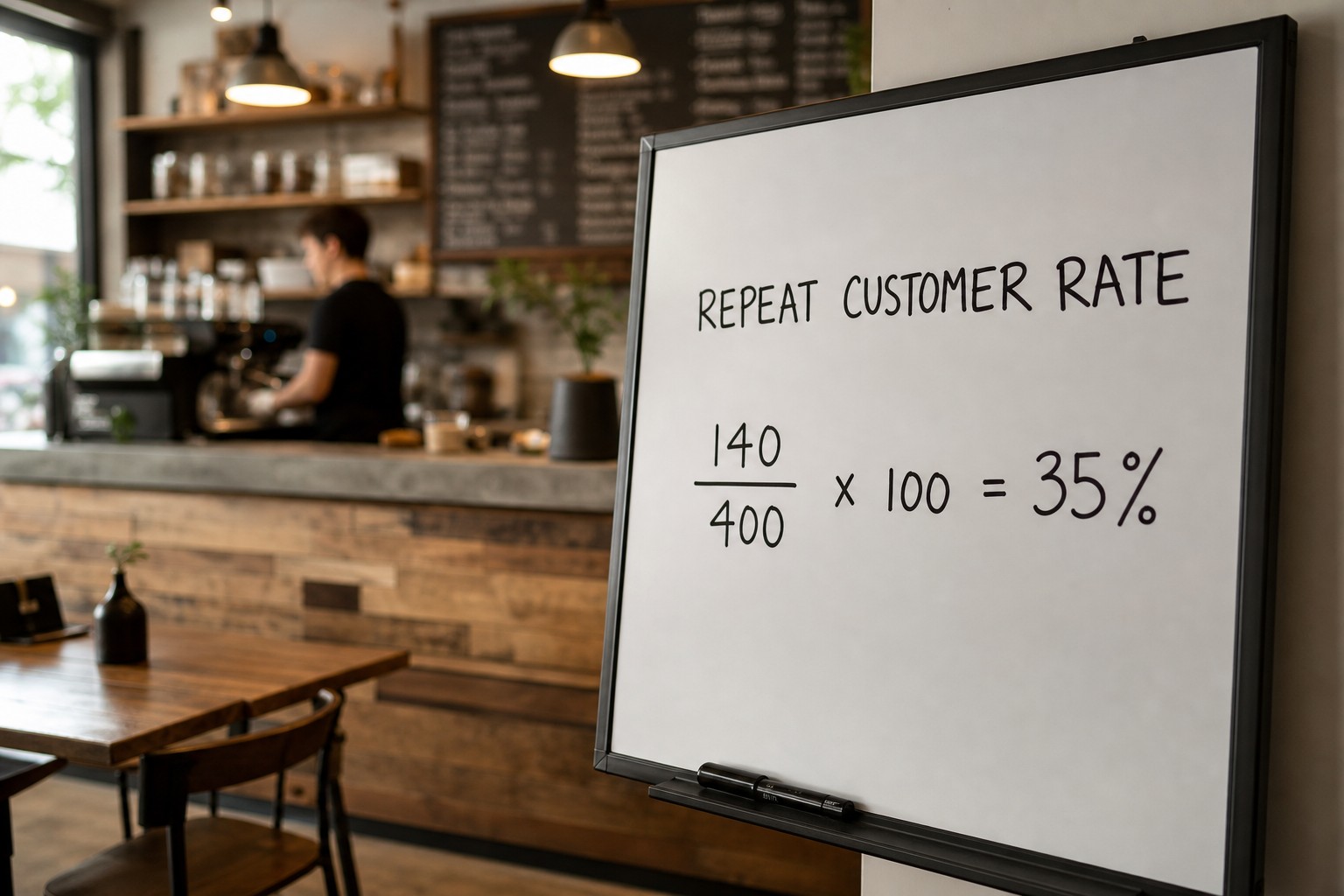 A repeat customer rate formula and calculation on a whiteboard: 140 divided by 400 times 100 equals 35 percent