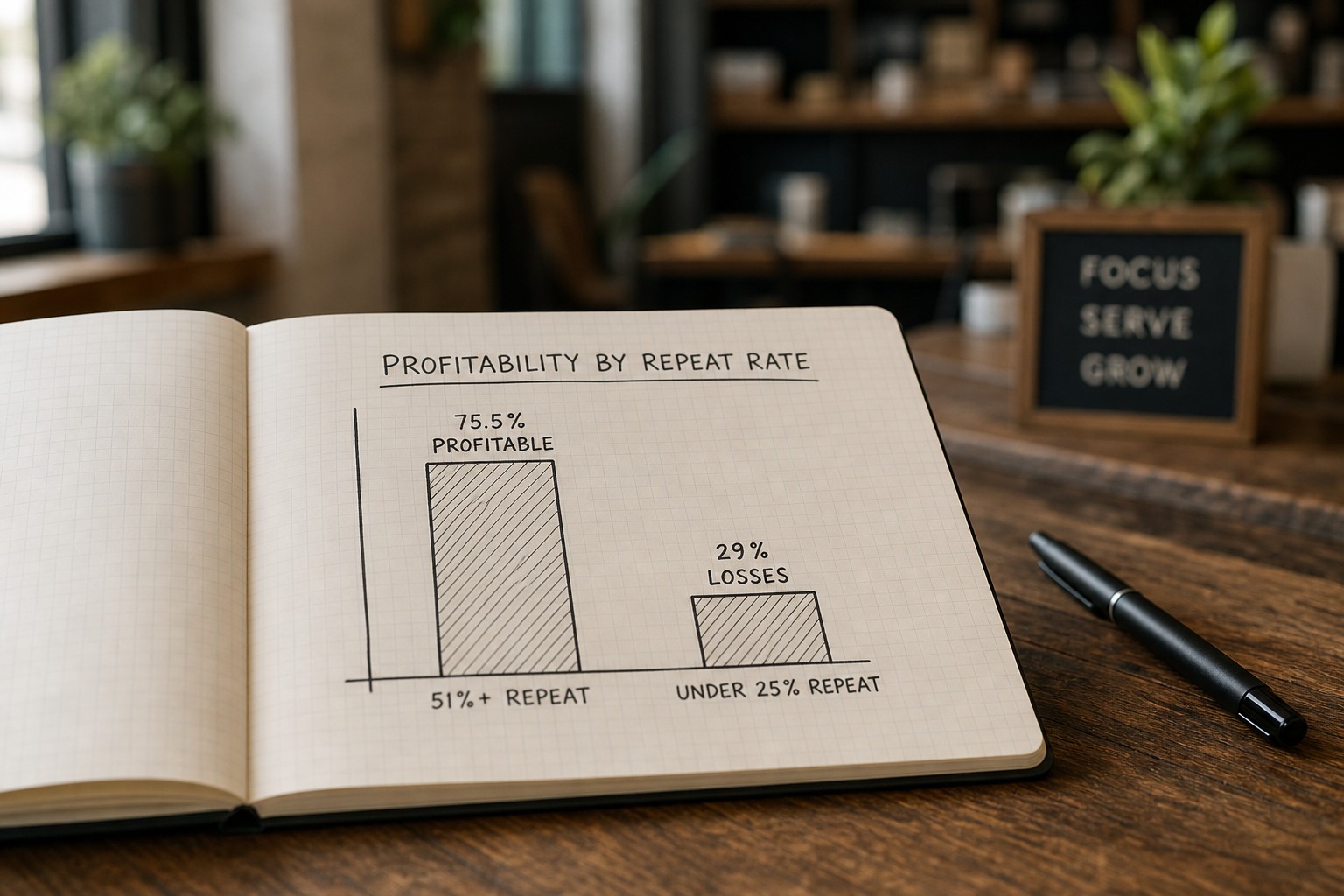 A hand-drawn bar chart showing profitability by repeat customer rate: 75.5% profitable at 51%+ repeat rate versus 29% losses under 25% repeat rate