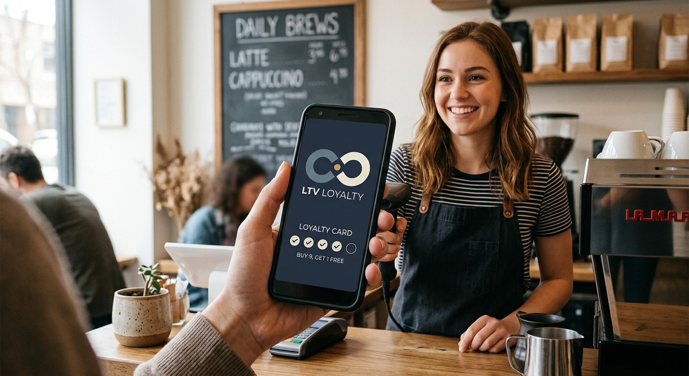 Customer at a small business counter scanning a digital loyalty card on their phone