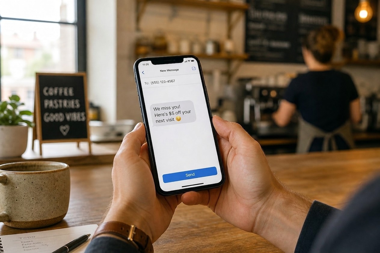 A small business owner sending a win-back message from a phone
