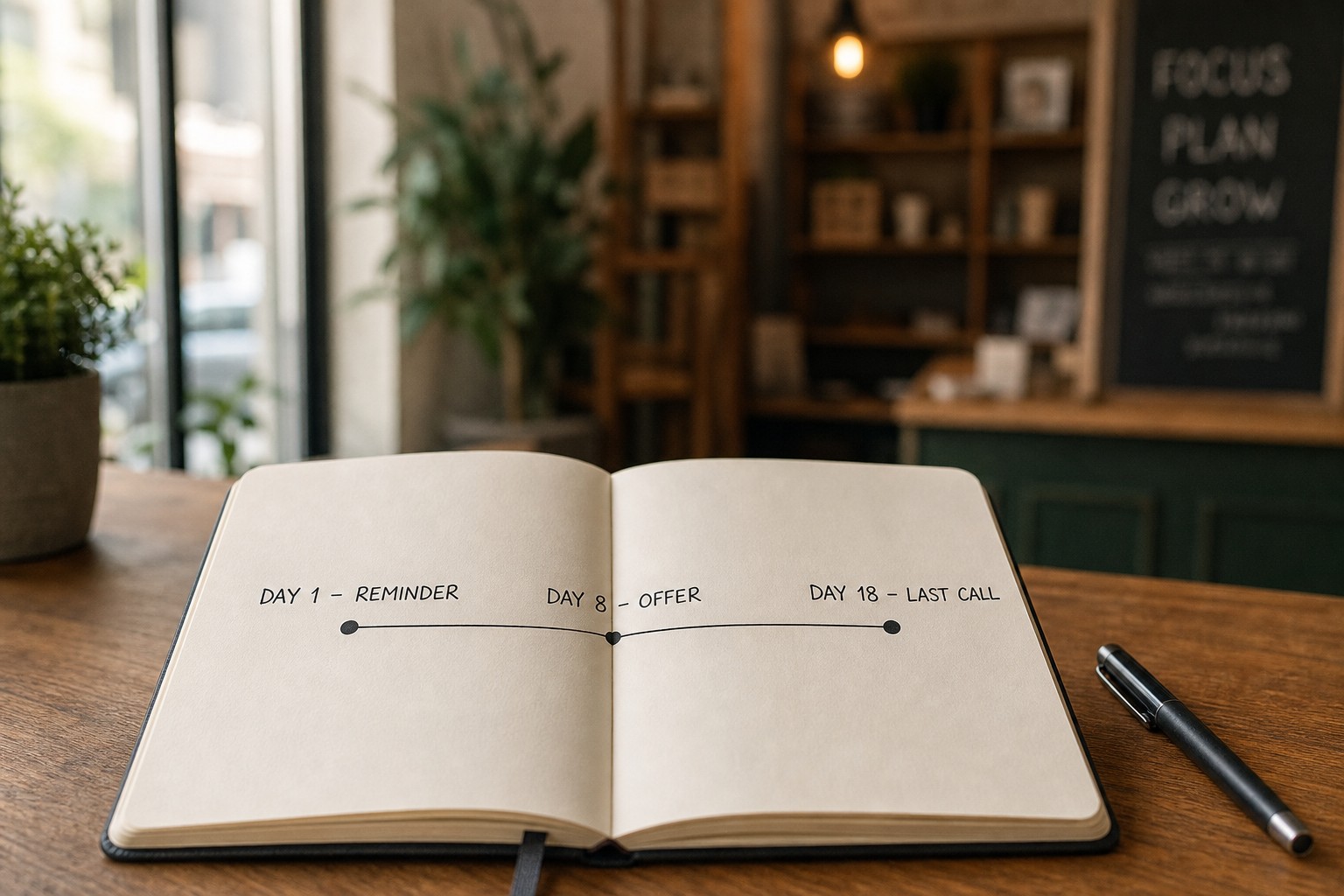 A three-touch win-back message sequence handwritten in a notebook: day 1 reminder, day 8 offer, day 18 last call