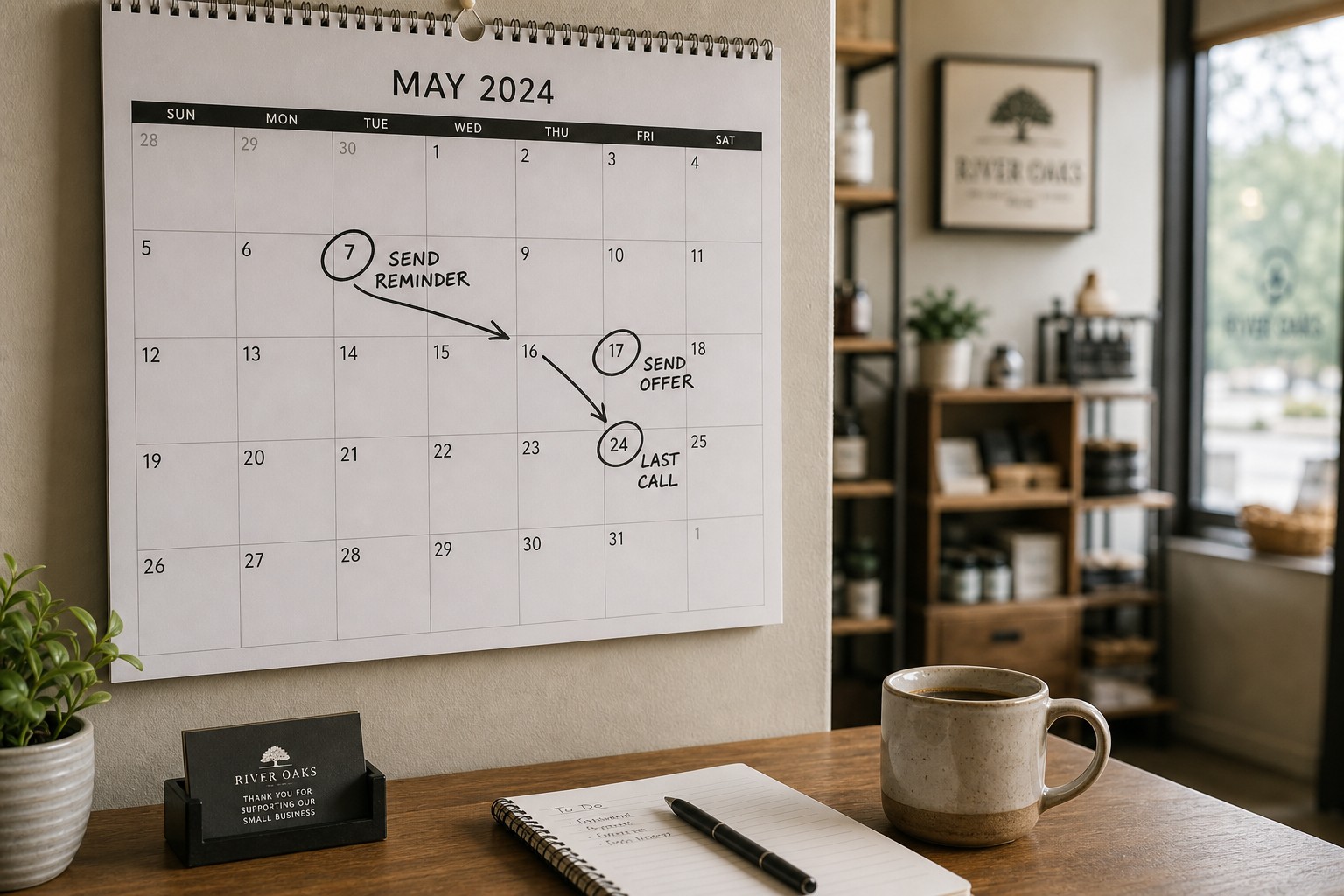 A wall calendar showing win-back message timing with reminder, offer, and last-call dates marked
