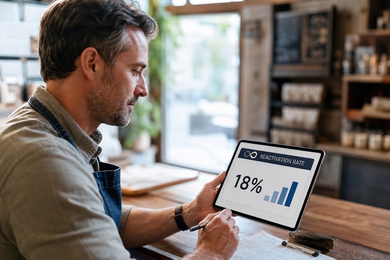 An LTV Loyalty dashboard on a tablet showing an 18% reactivation rate